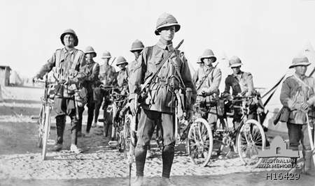 Serapeum, Egypt. c. 1915. The Signal Section of the 13th Battalion, AIF, with their bicycles and signal equipment ready to march off to a ceremonial parade.